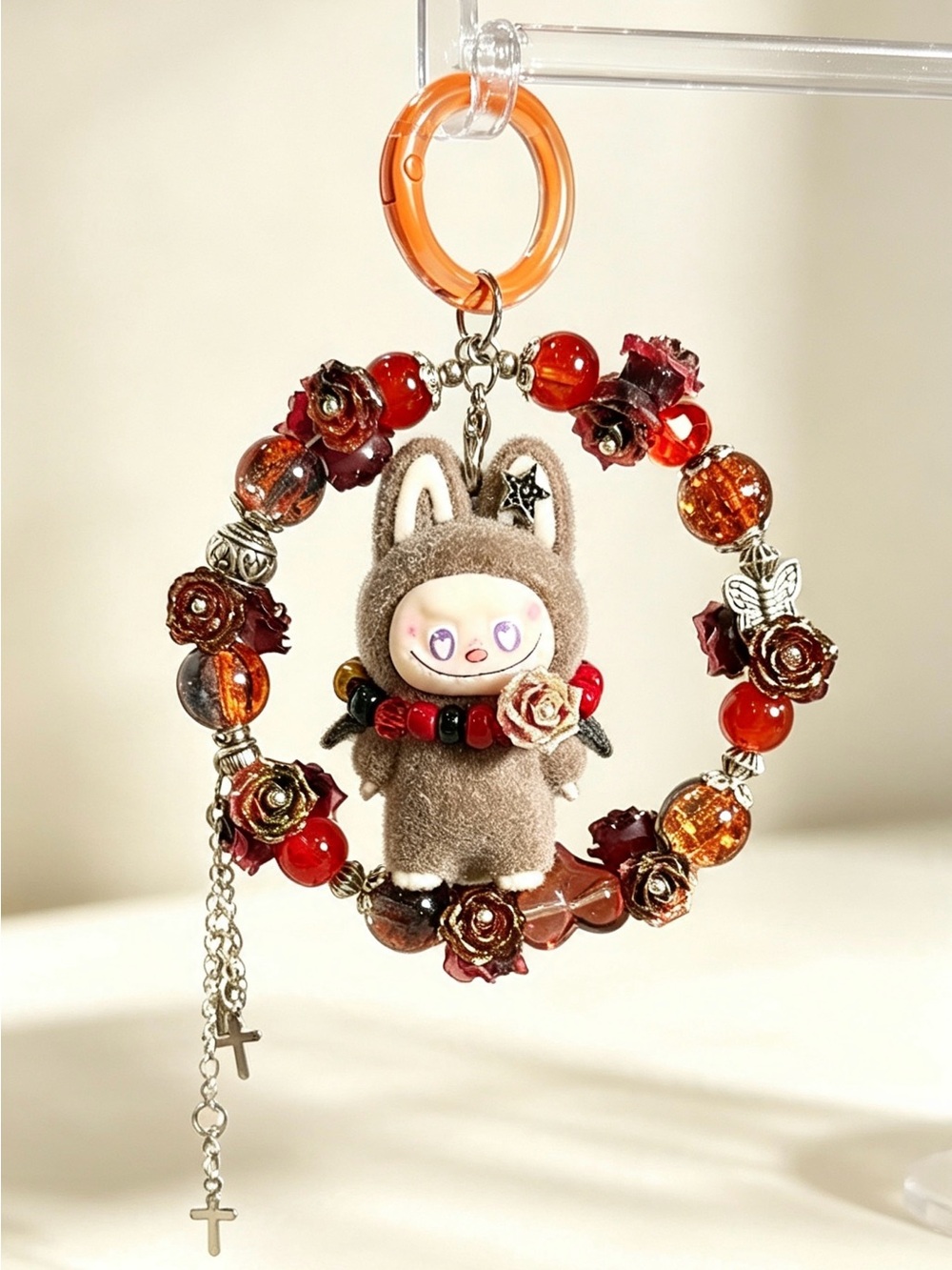Plush LaBubu Bag Charm Bracelet Keyring -Glowing in the dark floral